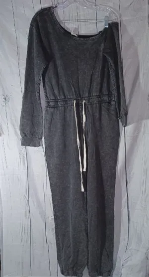 Lane 201 Faded Black Off The Shoulder comfy casual Jumpsuit with Drawstring thumbnail 1