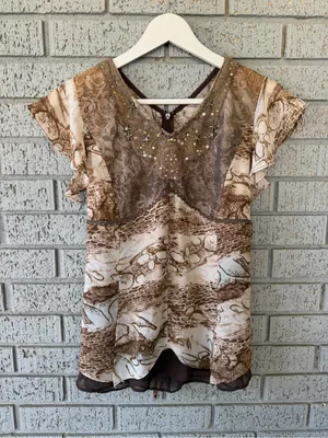 Vtg Y2K Hyukbee Rare Lace Sequin Top Brown Snake Print Babydoll thumbnail 3