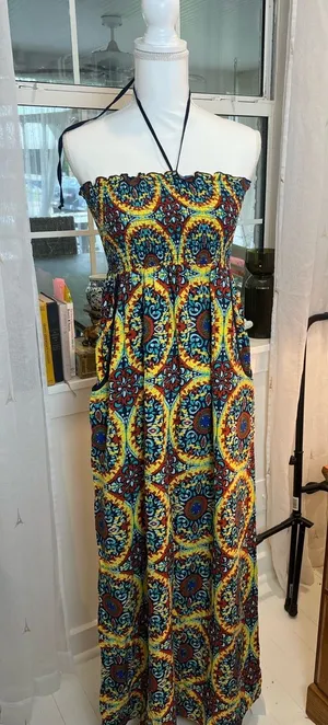Band of gypsies Boho Patterned halter Maxi dress in Yellow and Blue size medium thumbnail 1