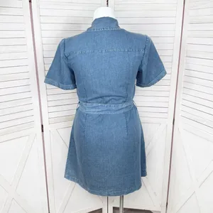 Indulge Chambray Button Up Belted‎ Short Sleeve Shirt Dress Denim Blue Large thumbnail 4
