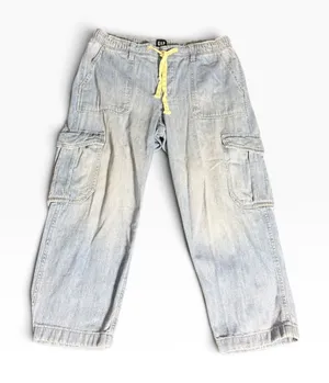 GAP Easy Jean Cargo Pants Large Petite Indigo Drawstring Utility Pockets thumbnail 1