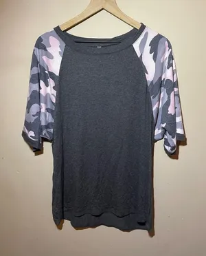 Celeste Charcoal Tee with Pink & Gray Camo Raglan Sleeves thumbnail 1