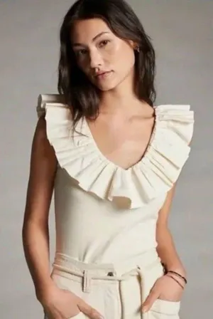 Anthropologie MaEve 100% Cotton Ivory Tina V Neck Ruffled Trim Tank XS thumbnail 1