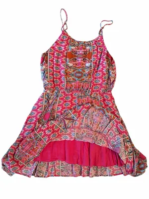 Boho Pink Paisley Tiered Mini Dress // Vibrant Summer Solstice Vibe M thumbnail 4
