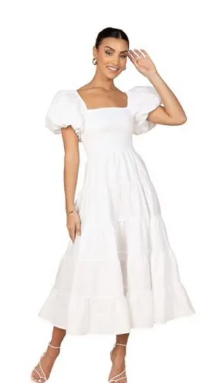 Petal & Pup - ANNETTE PUFF SLEEVE SHIRRED MIDI DRESS - WHITE XS thumbnail 1