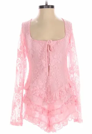 Women's Pink Lace Long-Sleeve Romper - Elegant Sleepwear thumbnail 1