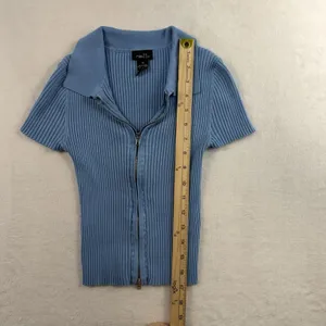Rue 21 Vtg Y2K XS Top Soft Girl Double Zipper‎ Baby Blue Ribbed Fitted Coquette Dainty thumbnail 7