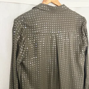 Anthropologie Maeve Olive Green Button Down Sequin Shirt Size XS thumbnail 6