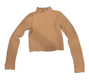 Aerie Tan Waffle Knit Mock Neck Crop Long Sleeve Top M thumbnail 1