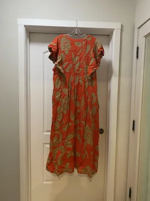 Maeve Cassandra Dress Womens XL Orange Leaf Pleated Flutter Sleeve Maxi Sundress thumbnail 5
