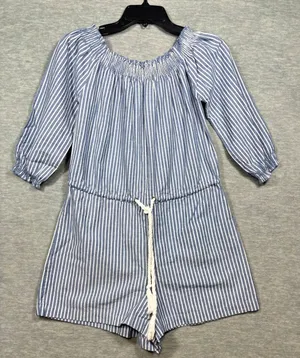 Mudpie Blue Stripe Short Romper Off Shoulder Womens S‎ Summer Beach Casual Cute thumbnail 1