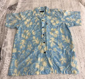 Max Boy Blue Cream Hawaiian Print Button Down Mens Short Sleeve Shirt Size Large thumbnail 1