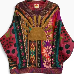 FARM Rio Mixed Scarves Sweatshirt Sun Appliqué Oversized Pullover S Art to Wear thumbnail 3