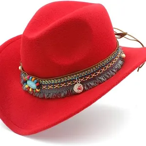 Red‎ Western Cowboy, Cowgirl Hat, Bead Tassle Strap, Men Women Retro Wide Brim thumbnail 2