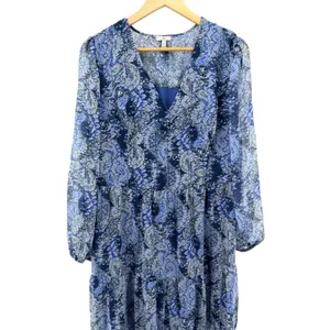 Joie Parisian Paisley Blue Tiered Midi‎ Dress V-Neck Long Sleeve Womens L Flowy thumbnail 3
