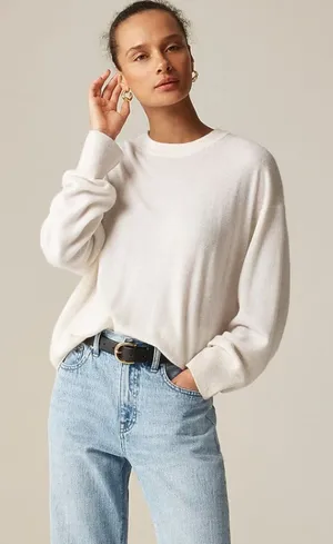 NWT J.Crew Cashmere Relaxed Crewneck Sweater in Snow Ivory Knit Pullover L thumbnail 1