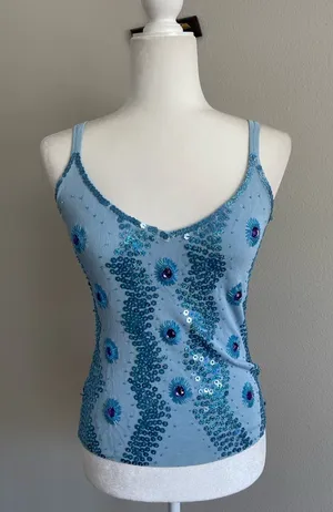 Sequined Light Blue Spaghetti Strap Tank Top Size M thumbnail 1