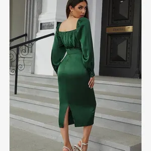 Elegant‎ Emerald Green Satin Midi Dress with Puff Sleeves thumbnail 2