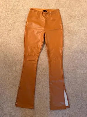 Tan Leather Flare Pants with Slit Orange thumbnail 2