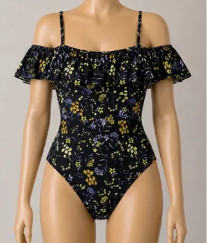 Fashion Womens Black Floral Off Shoulder‎ Ruffle One Piece Swimsuit Size L NWT thumbnail 1