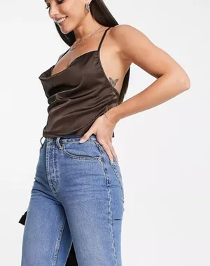 New Parisian satin cami strap top with‎ cowl neck in chocolate brown thumbnail 1