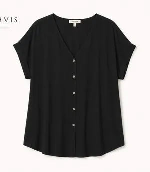 Orvis Black Rayon Button Front Blouse Relaxed V Neck Top Women’s Large thumbnail 1