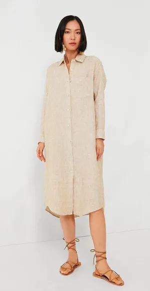 faherty beige striped 100% linen button down dress thumbnail 1