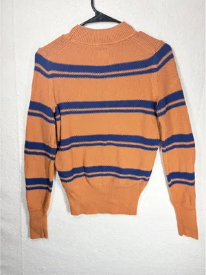 Sweater S Orange Navy Striped Mock Neck Knit Long Sleeve Pullover thumbnail 2