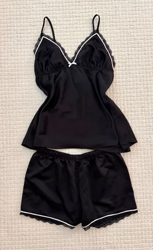 Black Satin Lace Pajama Set  thumbnail 1