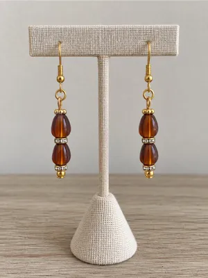 Artisan Dangle Earrings Amber Brown Beaded Gold Tone 1.75” Handcrafted NEW thumbnail 3