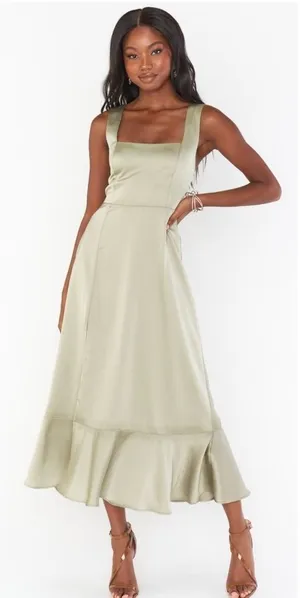SHOW ME YOUR MUMU Claire Midi Dress In Moss Green Luxe Satin thumbnail 1