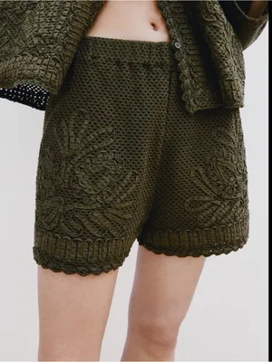 Zara NWT Crochet Lace Shorts in Olive Green - Women's thumbnail 1