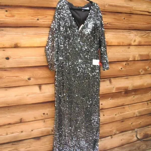 Mac Duggal 26445 Long Sleeve Sequin Gown Black Silver 14 thumbnail 6