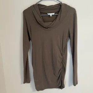 Cabi Lola Tee Brown Cowl Neck Ruched Long Sleeve Medium feminine flattering thumbnail 2