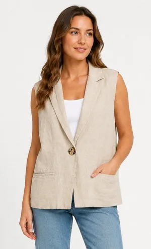 Petal & Pup Trula Oatmeal Linen Blend Sleeveless Blazer Vest M thumbnail 1
