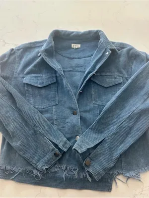 POL Clothing Blue Distressed Frayed Hem Corduroy Trucker Jacket M EUC thumbnail 2