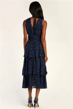 Lulus Make It Mesmerizing Navy Blue Jacquard Tiered Midi Dress thumbnail 2
