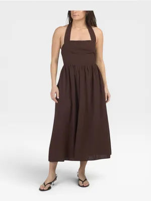 NWT Joie Brown Linen Blend Halter Bow Tie Back Midi Dress Small thumbnail 2