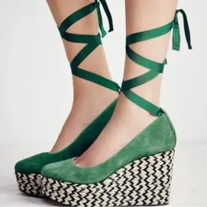Free People Suede Lace Up Charade Espadrille Wedge Heels Green Size 36 US 5.5 thumbnail 1