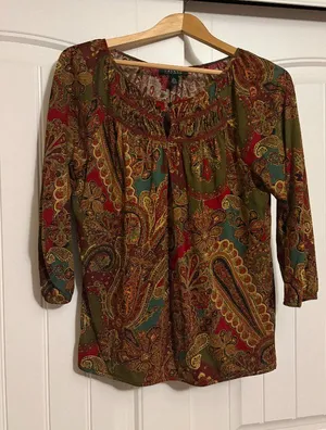 Lauren Ralph Lauren Paisley Blouse Medium Long Sleeve Keyhole Front 100% Cotton thumbnail 1