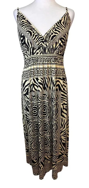 Women's Maxi Dress XL Tan Black Zebra Greek‎ Key Print Boho Stretchy Neutral thumbnail 1