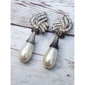 Vintage Clip On Earrings Extra Large Faux Pearl & Clear Gem Statement Dangle thumbnail 2