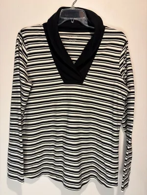 L.L. Bean Black White Striped Collared Pullover‎ Long Sleeve Top Fisherman SZ L thumbnail 1