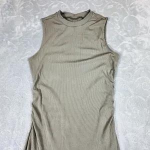 Vuori Pose Modern Maxi Dress Small Olive Green Ribbed Ruched Sleeveless Mock thumbnail 6
