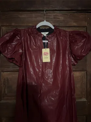 entro Burgundy Puff-Sleeve Faux Leather Dress thumbnail 2