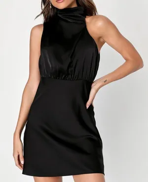 Lulus Modern Instinct Black Satin Mock Neck A-Line Mini Dress Women’s Sz S thumbnail 1