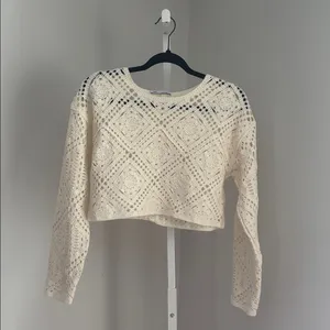 Zara Top Cropped Crochet Sweater Cream Off White Long Sleeve Women’s Size Small thumbnail 2