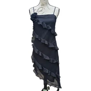 Monki NWT 46P Black Asymmetric Ruffle Midi Dress with 3D Flower Rosette Size S‎ thumbnail 3