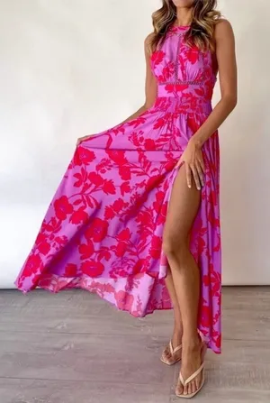 Abel the Label by Anthropologie Charlotte Purple & Red Floral Halter Maxi Dress thumbnail 1