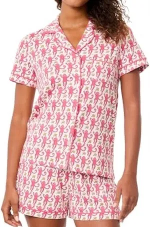 Roller Rabbit Pink Monkey Polo Pajama Short Sleeve Shirt and Shorts Set size Small thumbnail 1